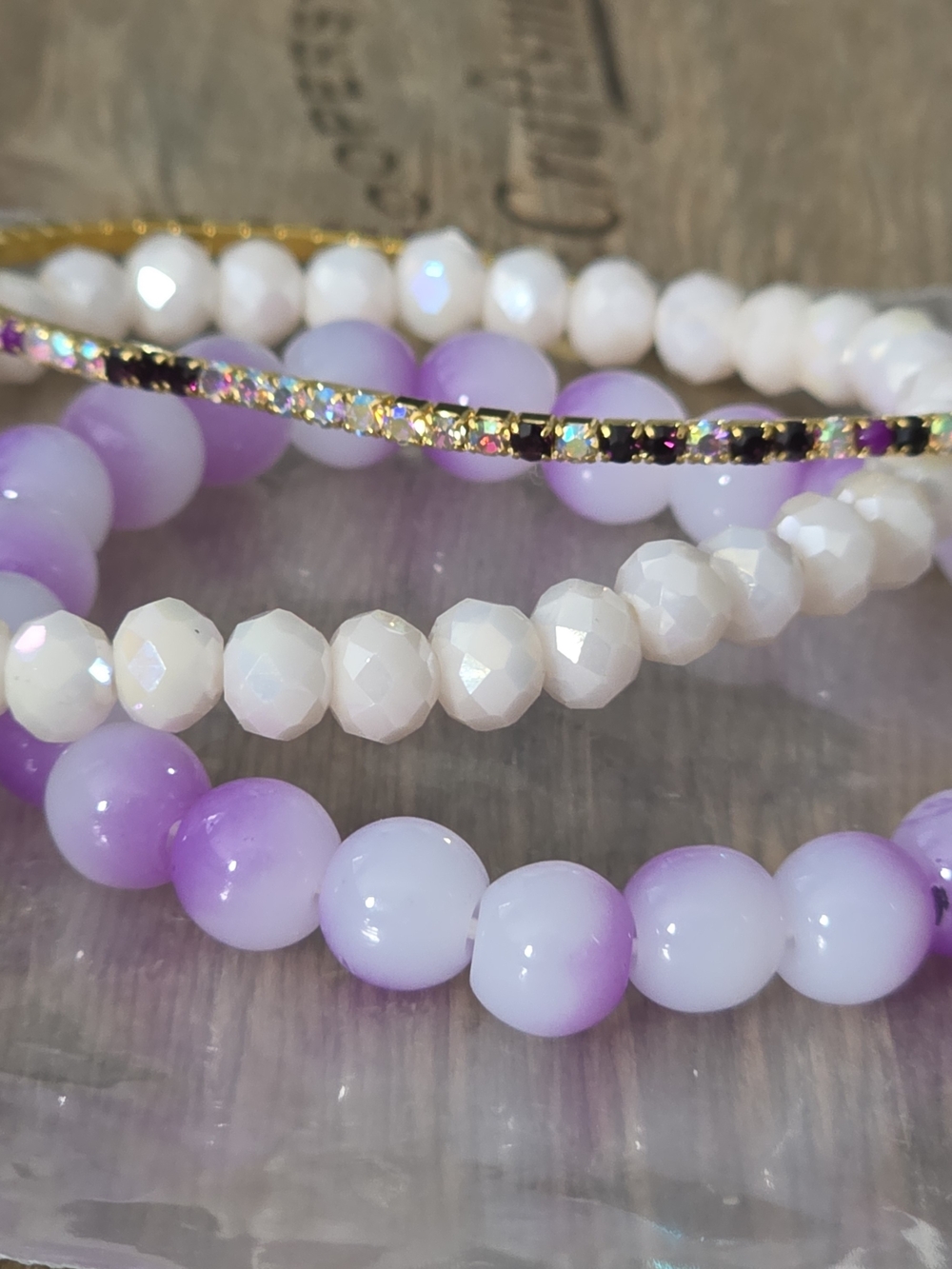 Purple & White Beaded Stretch Bracelet Set with Gold Accent